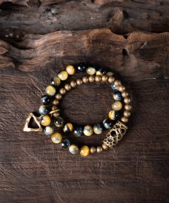 Retro Minimalist Double Circle Bracelet for Women with Unique Yellow Tiger Eye Stone Beads - Niche Design Jewelry for Men