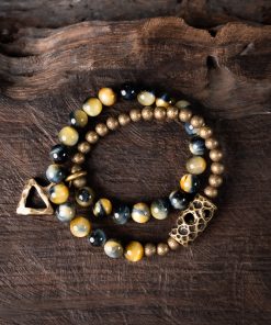Retro Minimalist Double Circle Bracelet for Women with Unique Yellow Tiger Eye Stone Beads - Niche Design Jewelry for Men