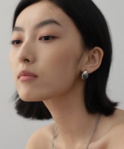 Retro Minimalist Silver Natural Stone Crescent Water Drop Earrings - Versatile Chinese Style Jewelry for Women