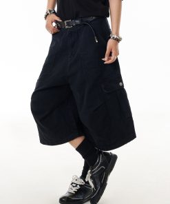 Retro Multi-Pocket Cargo Capris for Women - Loose Wide-Leg Casual Shorts, American High Street Style, Wrinkled Wash, Y2K Fashion