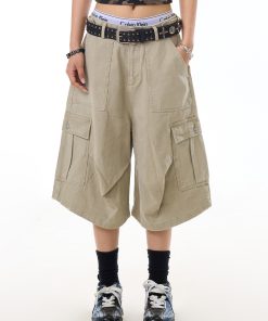 Retro Multi-Pocket Cargo Capris for Women - Loose Wide-Leg Casual Shorts, American High Street Style, Wrinkled Wash, Y2K Fashion