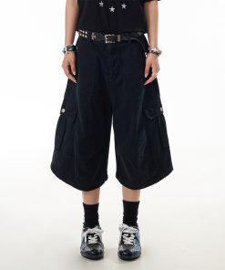 Retro Multi-Pocket Cargo Capris for Women - Loose Wide-Leg Casual Shorts, American High Street Style, Wrinkled Wash, Y2K Fashion