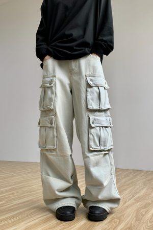 Retro Multi-Pocket Denim Pants for Women - Loose Wide-Leg Work Trousers with Legal Alien Design - Y2K Style