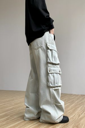 Retro Multi-Pocket Denim Pants for Women - Loose Wide-Leg Work Trousers with Legal Alien Design - Y2K Style