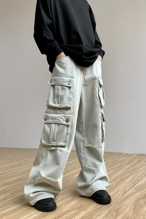 Retro Multi-Pocket Denim Pants for Women - Loose Wide-Leg Work Trousers with Legal Alien Design - Y2K Style