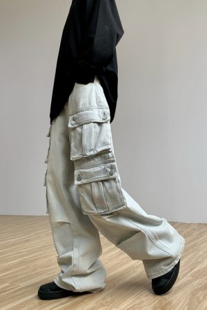 Retro Multi-Pocket Denim Pants for Women - Loose Wide-Leg Work Trousers with Legal Alien Design - Y2K Style