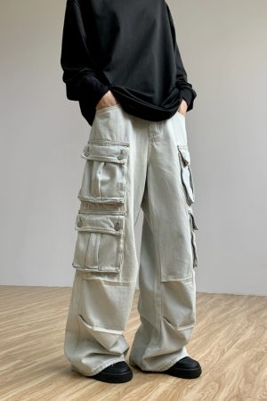 Retro Multi-Pocket Denim Pants for Women - Loose Wide-Leg Work Trousers with Legal Alien Design - Y2K Style