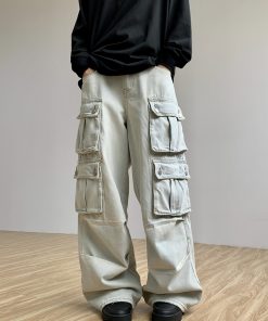 Retro Multi-Pocket Denim Pants for Women - Loose Wide-Leg Work Trousers with Legal Alien Design - Y2K Style