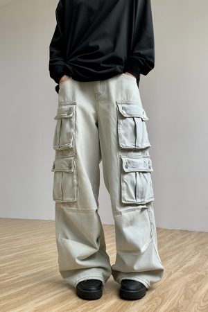 Retro Multi-Pocket Denim Pants for Women - Loose Wide-Leg Work Trousers with Legal Alien Design - Y2K Style