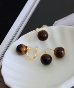 Retro Natural Tiger Eye Stone Earrings - Vintage French Style, Versatile Silver Needle Design, European and American Fashion