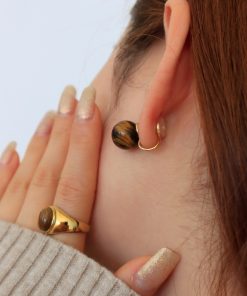 Retro Natural Tiger Eye Stone Earrings - Vintage French Style, Versatile Silver Needle Design, European and American Fashion