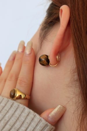 Retro Natural Tiger Eye Stone Earrings - Vintage French Style, Versatile Silver Needle Design, European and American Fashion