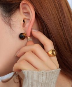 Retro Natural Tiger Eye Stone Earrings - Vintage French Style, Versatile Silver Needle Design, European and American Fashion