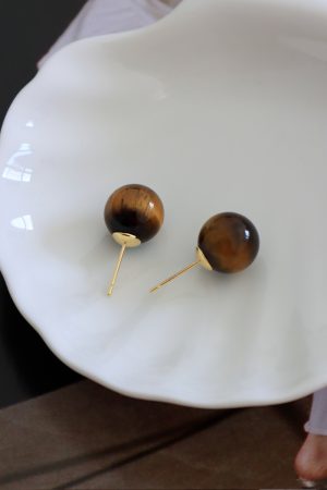 Retro Natural Tiger Eye Stone Earrings - Vintage French Style, Versatile Silver Needle Design, European and American Fashion