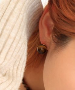 Retro Natural Tiger Eye Stone Earrings - Vintage French Style, Versatile Silver Needle Design, European and American Fashion