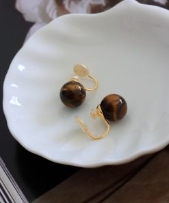 Retro Natural Tiger Eye Stone Earrings - Vintage French Style, Versatile Silver Needle Design, European and American Fashion