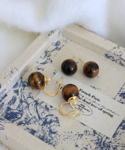 Retro Natural Tiger Eye Stone Earrings - Vintage French Style, Versatile Silver Needle Design, European and American Fashion