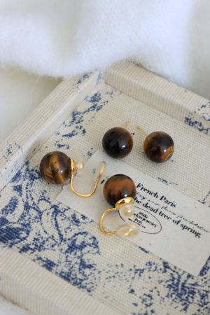 Retro Natural Tiger Eye Stone Earrings - Vintage French Style, Versatile Silver Needle Design, European and American Fashion