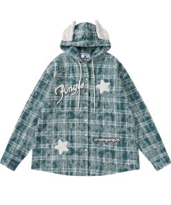 Retro Plaid Hooded Long Sleeve Shirt Jacket for Couples - Unisex Trendy Street Style for Spring 2025