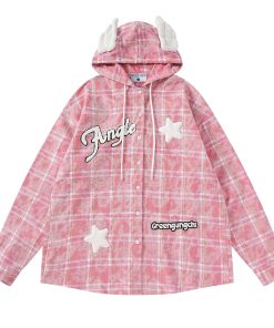 Retro Plaid Hooded Long Sleeve Shirt Jacket for Couples - Unisex Trendy Street Style for Spring 2025