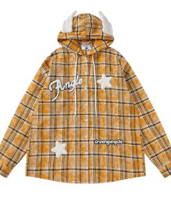 Retro Plaid Hooded Long Sleeve Shirt Jacket for Couples - Unisex Trendy Street Style for Spring 2025