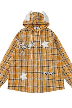 Retro Plaid Hooded Long Sleeve Shirt Jacket for Couples - Unisex Trendy Street Style for Spring 2025