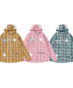 Retro Plaid Hooded Long Sleeve Shirt Jacket for Couples - Unisex Trendy Street Style for Spring 2025