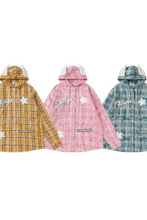Retro Plaid Hooded Long Sleeve Shirt Jacket for Couples - Unisex Trendy Street Style for Spring 2025