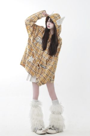 Retro Plaid Hooded Long Sleeve Shirt Jacket for Couples - Unisex Trendy Street Style for Spring 2025