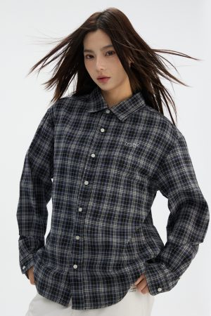 Retro Plaid Long Sleeve Shirt with Collar - Blue and Black Check Design, Casual Loose Fit, Y2K Style Fashion Top