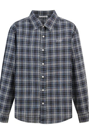 Retro Plaid Long Sleeve Shirt with Collar - Blue and Black Check Design, Casual Loose Fit, Y2K Style Fashion Top
