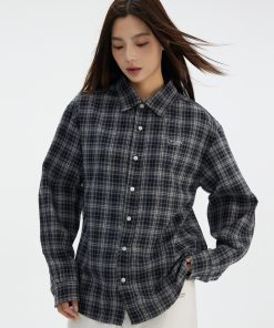 Retro Plaid Long Sleeve Shirt with Collar - Blue and Black Check Design, Casual Loose Fit, Y2K Style Fashion Top