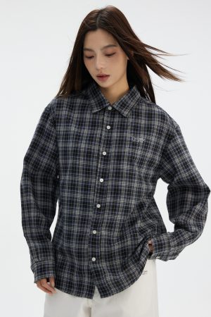 Retro Plaid Long Sleeve Shirt with Collar - Blue and Black Check Design, Casual Loose Fit, Y2K Style Fashion Top