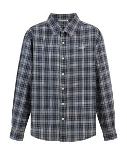 Retro Plaid Long Sleeve Shirt with Collar - Blue and Black Check Design, Casual Loose Fit, Y2K Style Fashion Top