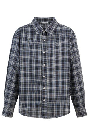Retro Plaid Long Sleeve Shirt with Collar - Blue and Black Check Design, Casual Loose Fit, Y2K Style Fashion Top