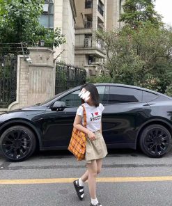 Retro Plaid Orange Tote Bag â€“ Stylish Large-Capacity Lightweight Shoulder Bag for Commuting and Everyday Use