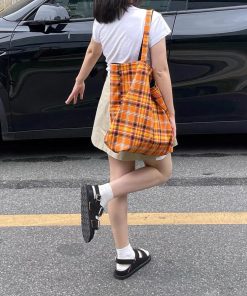 Retro Plaid Orange Tote Bag â€“ Stylish Large-Capacity Lightweight Shoulder Bag for Commuting and Everyday Use