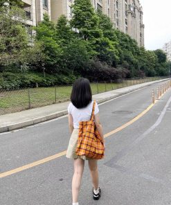Retro Plaid Orange Tote Bag â€“ Stylish Large-Capacity Lightweight Shoulder Bag for Commuting and Everyday Use