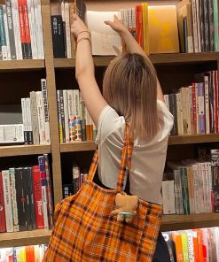 Retro Plaid Orange Tote Bag â€“ Stylish Large-Capacity Lightweight Shoulder Bag for Commuting and Everyday Use