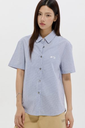 Retro Plaid Oversized Blue Check Short Sleeve Shirt Jacket - Unisex Casual Summer Style