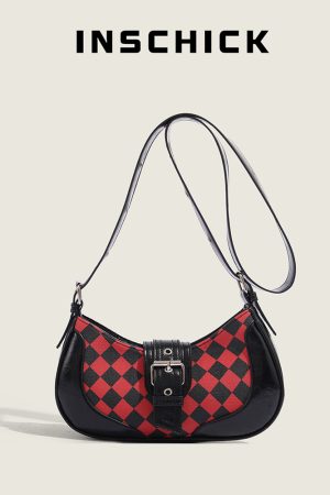 Retro Plaid Patchwork Saddle Bag for Women - Trendy Korean Style Underarm Baguette Crossbody Bag with High-Quality Texture