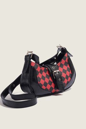 Retro Plaid Patchwork Saddle Bag for Women - Trendy Korean Style Underarm Baguette Crossbody Bag with High-Quality Texture