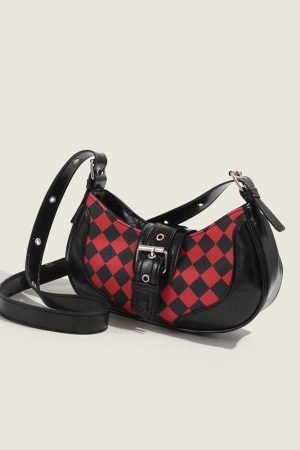 Retro Plaid Patchwork Saddle Bag for Women - Trendy Korean Style Underarm Baguette Crossbody Bag with High-Quality Texture