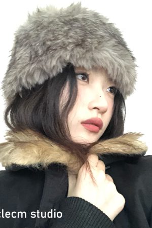 Retro Plush Warm Hooded Beanie for Women - Thick Cold-Proof Knitted Wide Headband, Sweet and Stylish for Autumn and Winter