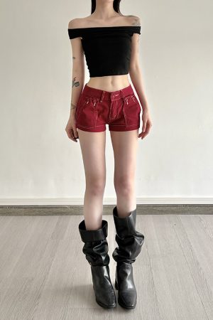 Retro Red Denim Shorts for Women - Casual Street Style, Ultra-Short Low-Waist, Versatile 90s Inspired Fashion