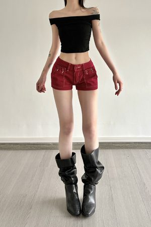 Retro Red Denim Shorts for Women - Casual Street Style, Ultra-Short Low-Waist, Versatile 90s Inspired Fashion