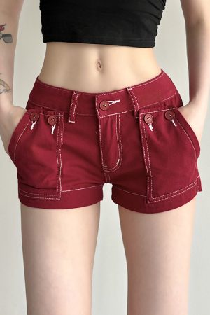 Retro Red Denim Shorts for Women - Casual Street Style, Ultra-Short Low-Waist, Versatile 90s Inspired Fashion