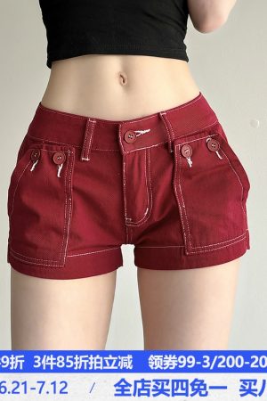 Retro Red Denim Shorts for Women - Casual Street Style, Ultra-Short Low-Waist, Versatile 90s Inspired Fashion