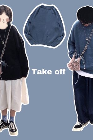Retro Ripped Pullover Sweater - Loose Fit Round Neck Knitted Winter Warmth for Students - Versatile 90s Style