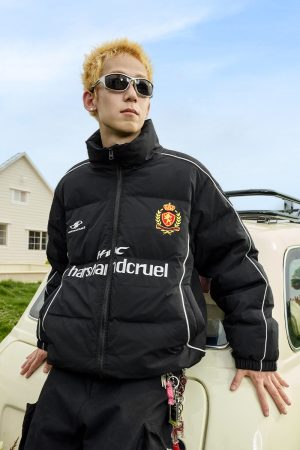 Retro Sports Football Club Embroidered Badge Stand Collar Warm Down Jacket - Vintage Style Outerwear for 90s and Y2K Fashion